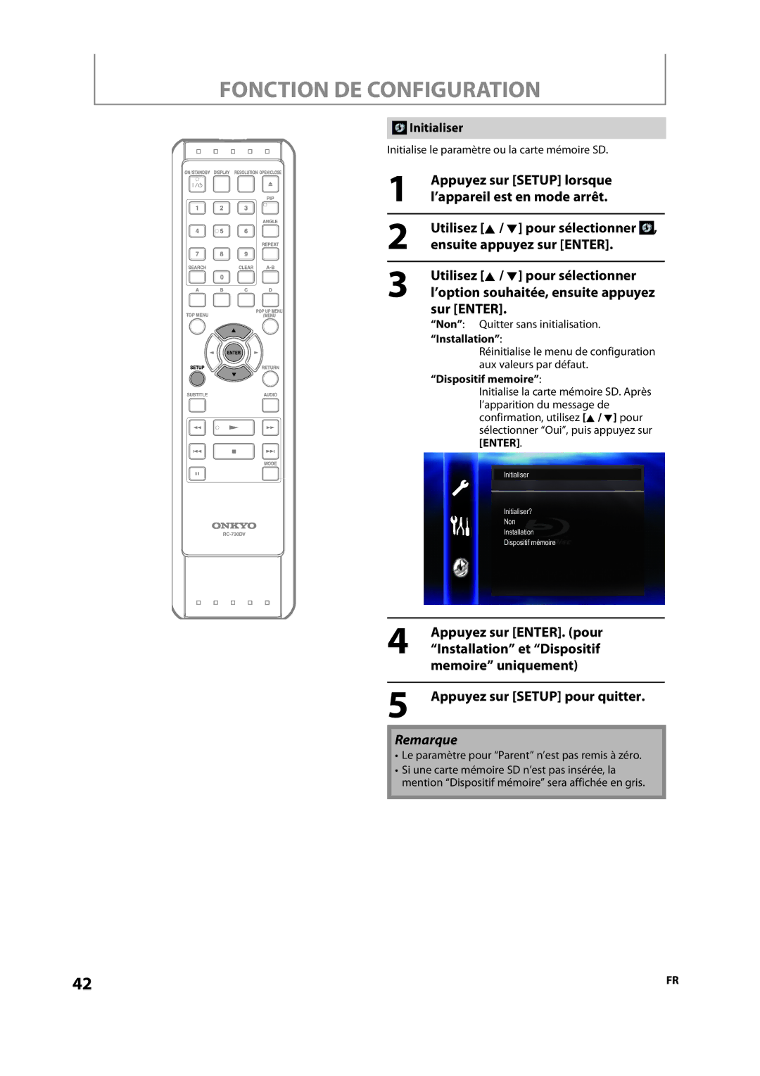 Onkyo DV-BD606 manual Sur Enter, Initialiser, ’option souhaitée, ensuite appuyez 