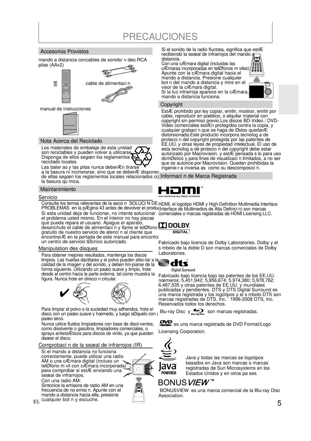 Onkyo DV-BD606 Accesorios Provistos, Nota Acerca del Reciclado, Información de Marca Registrada Maintanimiento Servicio 