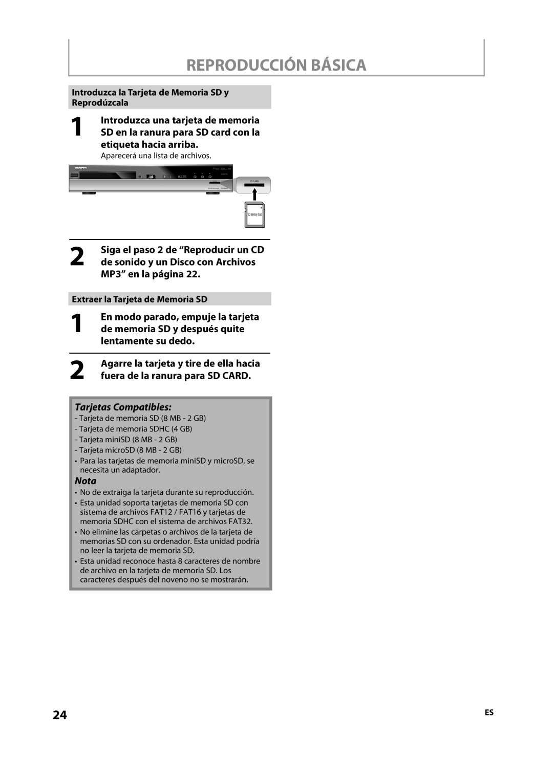 Onkyo DV-BD606 manual Etiqueta hacia arriba, Extraer la Tarjeta de Memoria SD, Aparecerá una lista de archivos 