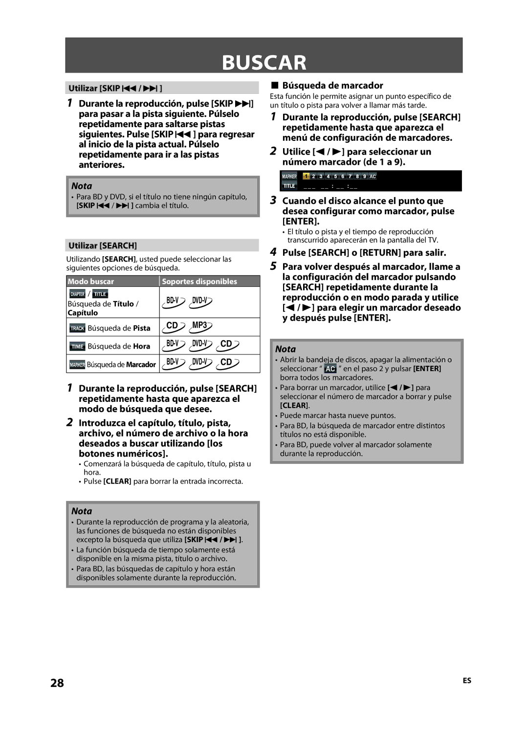 Onkyo DV-BD606 manual Buscar, Búsqueda de marcador, Pulse Search o Return para salir, Utilizar Skip H / G, Utilizar Search 