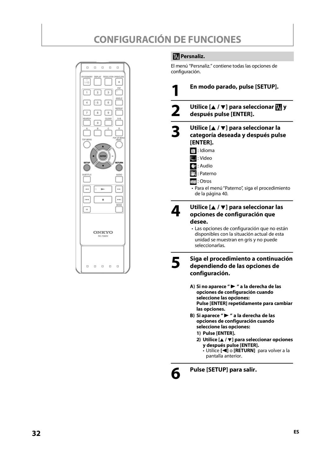 Onkyo DV-BD606 manual Configuración DE Funciones, Opciones de configuración que, Desee, Persnaliz 