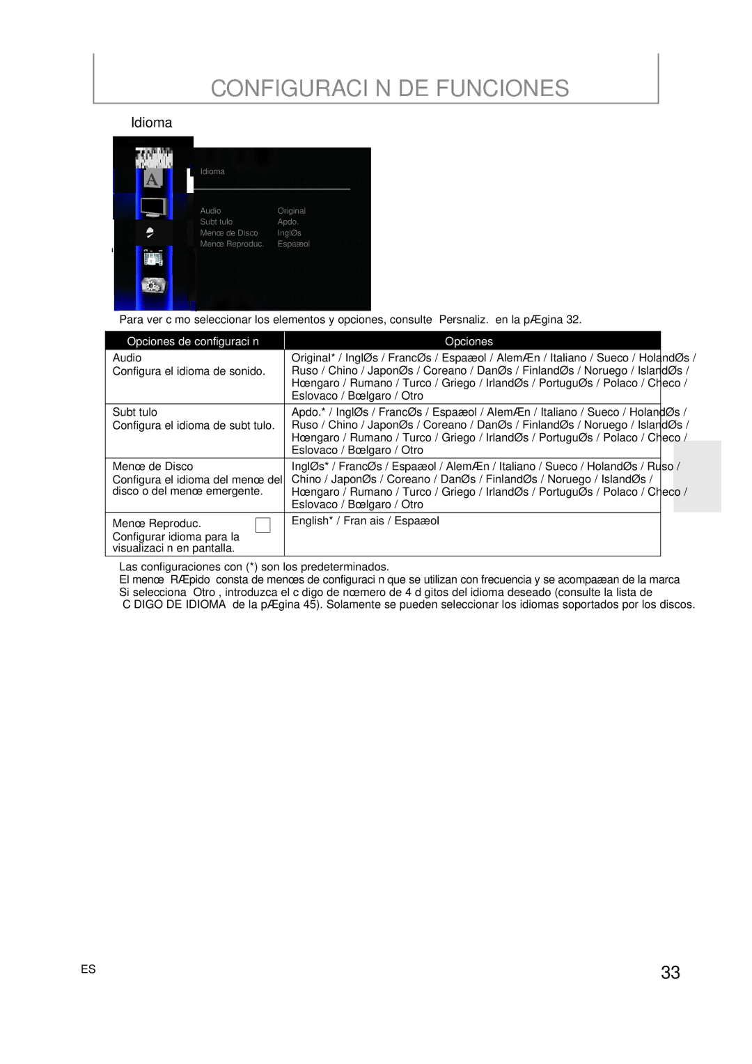 Onkyo DV-BD606 manual Idioma, Opciones de configuración, Subtítulo, Menú de Disco, Menú Reproduc 