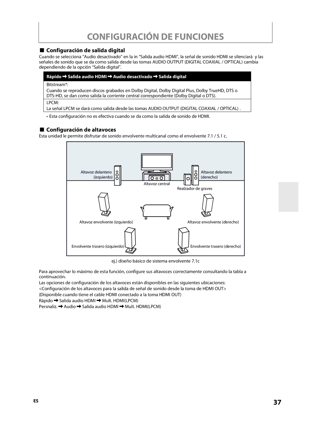 Onkyo DV-BD606 manual Configuración de salida digital, Configuración de altavoces, Bitstream 