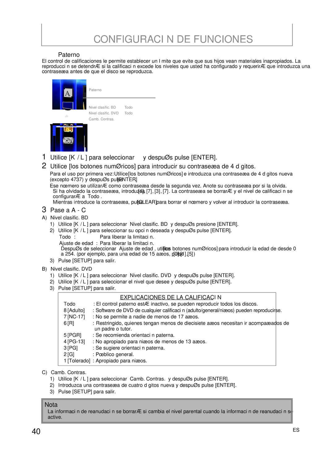 Onkyo DV-BD606 manual Paterno, Pase a a C, Adulto 