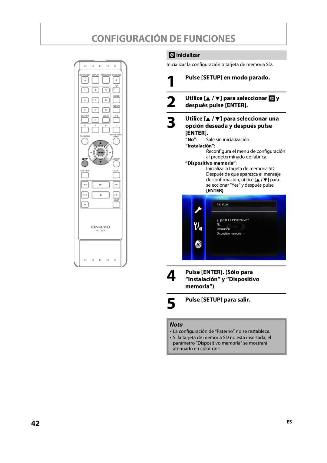 Onkyo DV-BD606 manual Inicializar, Instalación, Dispositivo memoria 