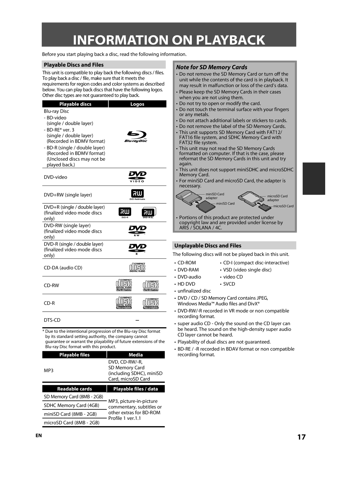 Onkyo DV-BD606 instruction manual Information on Playback, Playable Discs and Files, Unplayable Discs and Files 