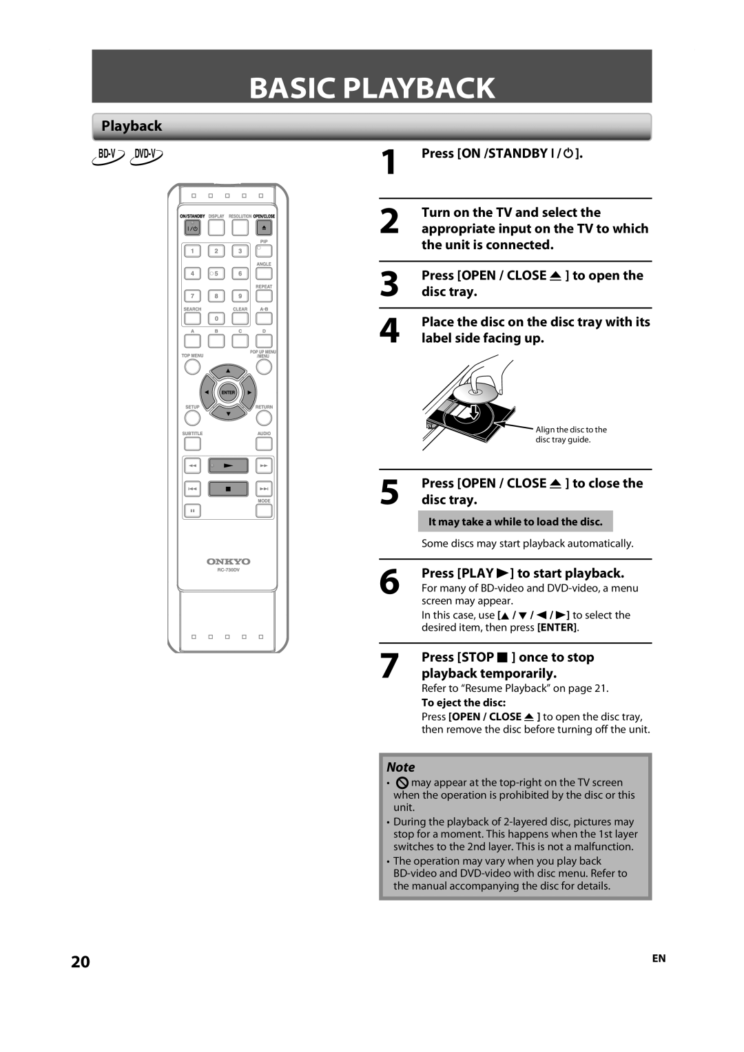 Onkyo DV-BD606 instruction manual Basic Playback 