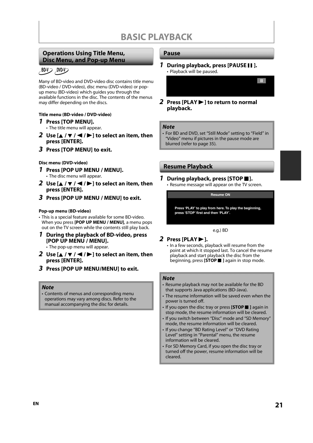 Onkyo DV-BD606 Basic Playback, Operations Using Title Menu Disc Menu, and Pop-up Menu, Pause, Resume Playback 