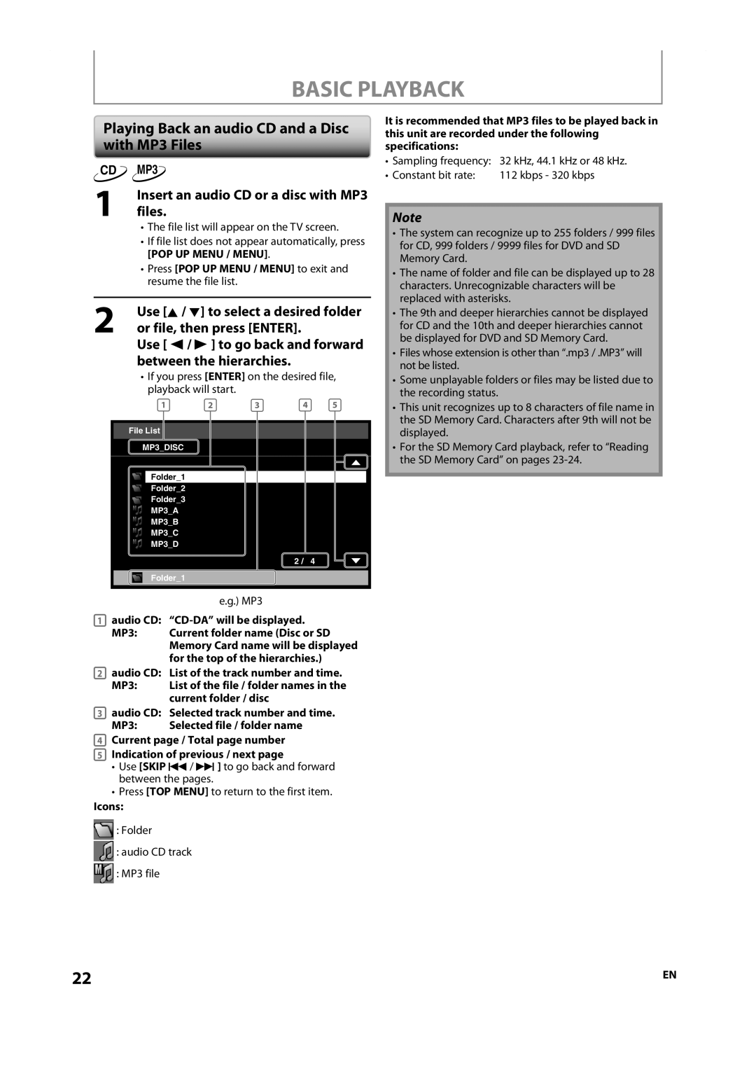 Onkyo DV-BD606 Playing Back an audio CD and a Disc with MP3 Files, Insert an audio CD or a disc with MP3 files 