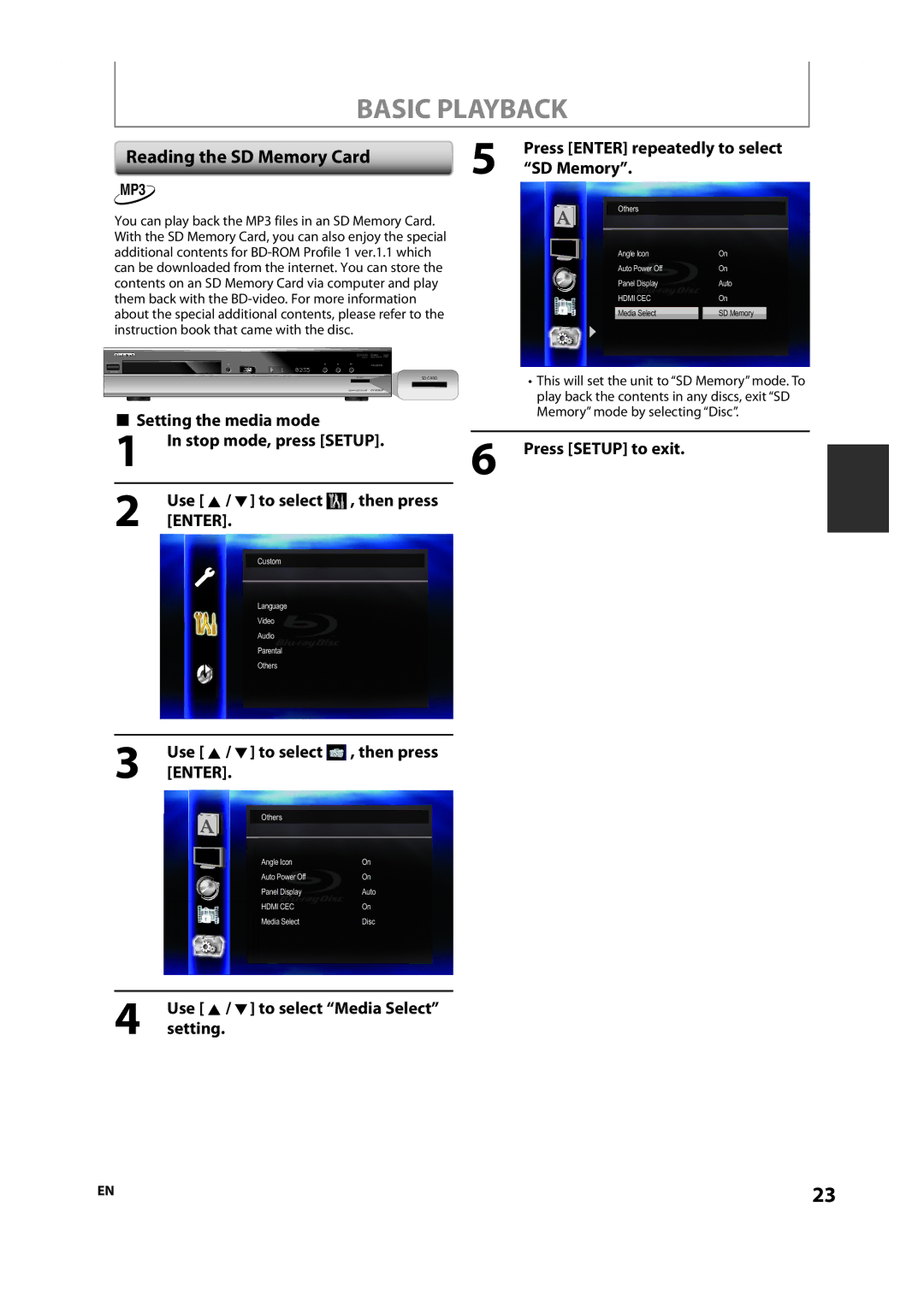 Onkyo DV-BD606 instruction manual Reading the SD Memory Card, Press Enter repeatedly to select SD Memory 