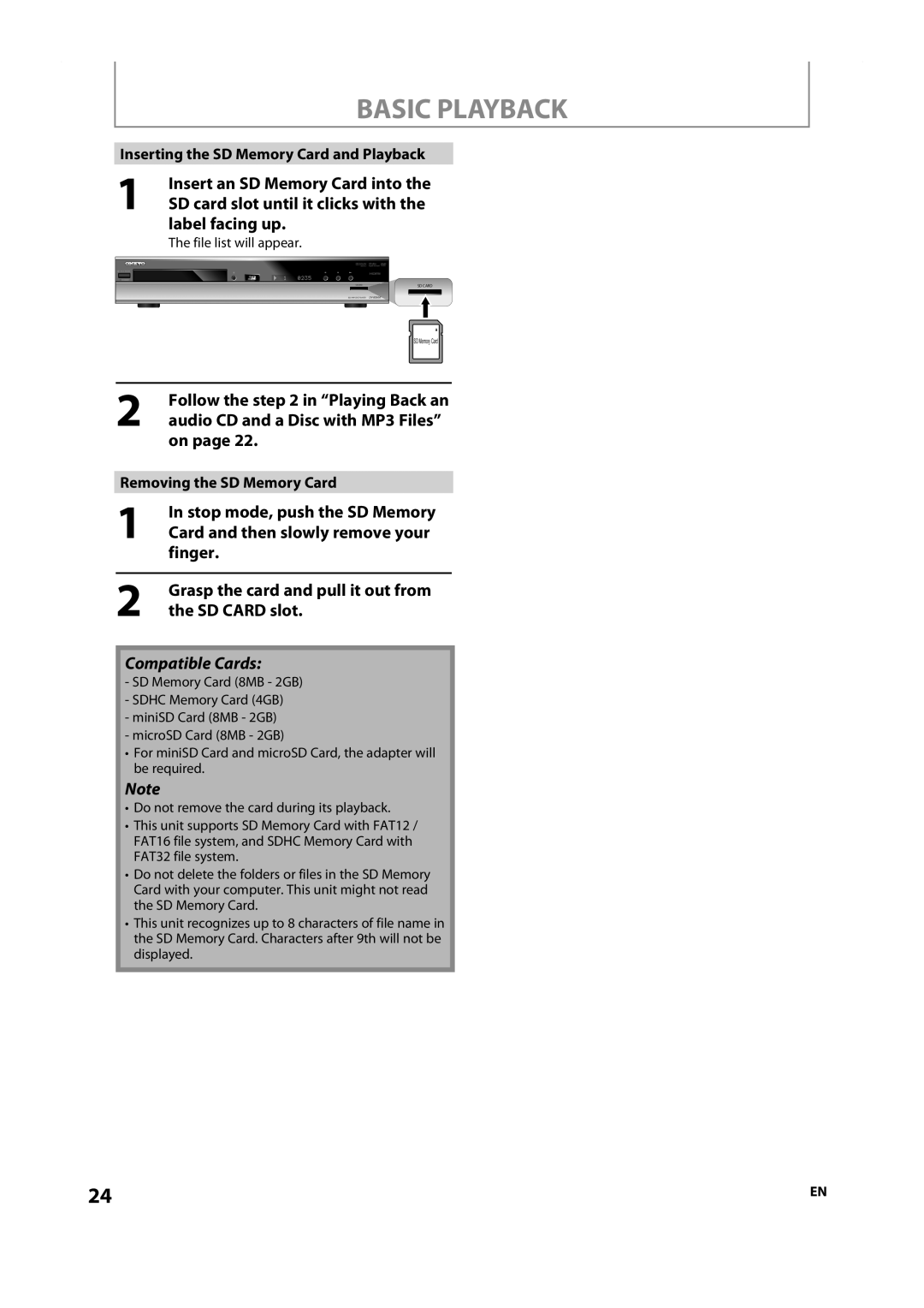 Onkyo DV-BD606 instruction manual Label facing up, Removing the SD Memory Card, File list will appear 