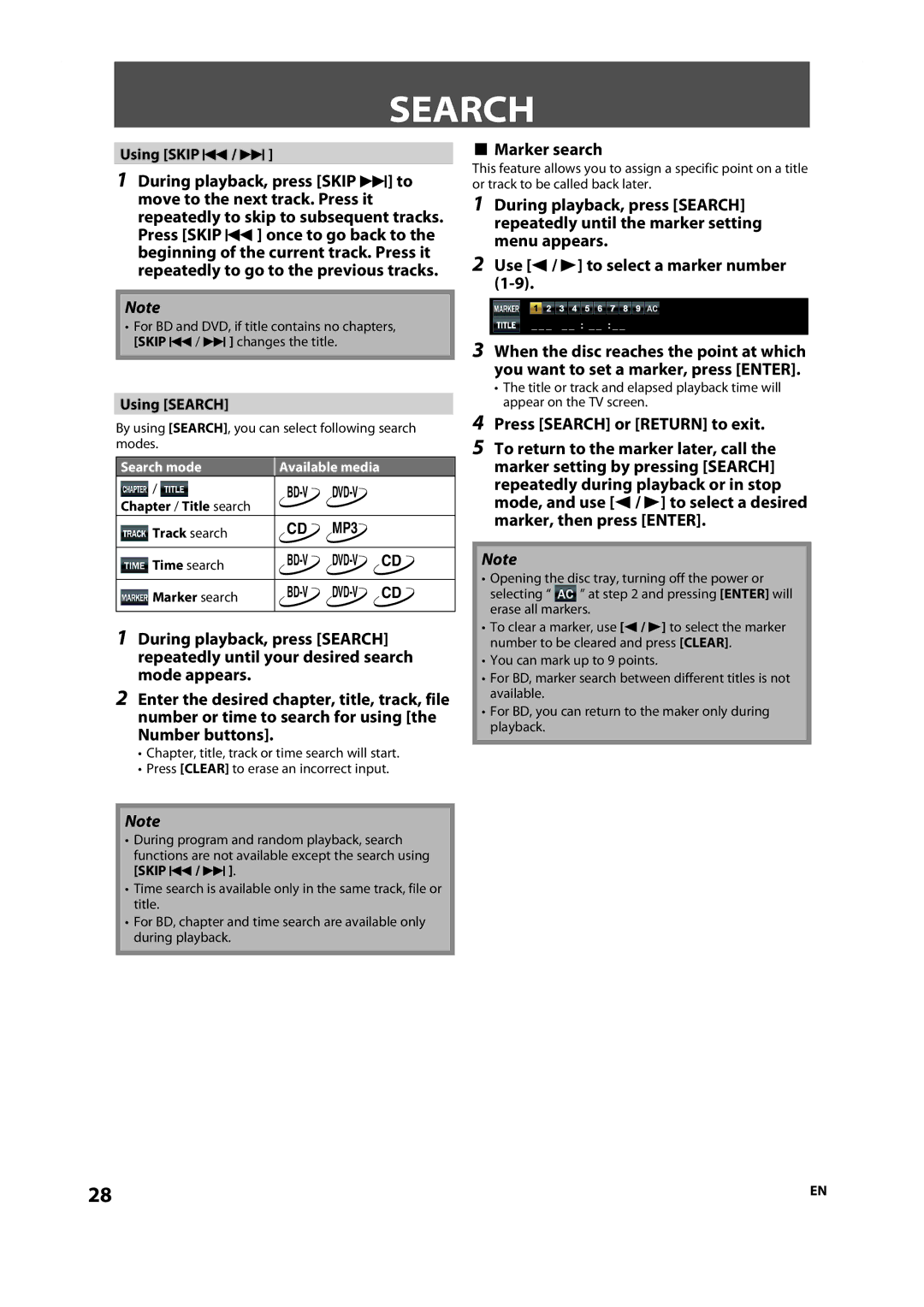 Onkyo DV-BD606 instruction manual Marker search, Using Search, Search mode 