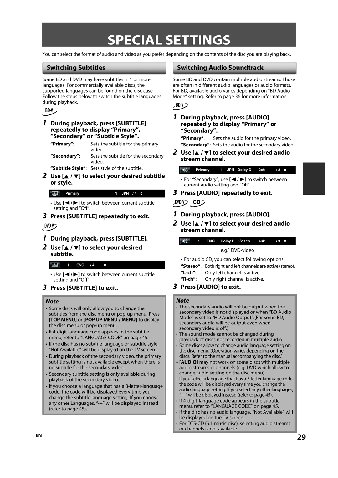 Onkyo DV-BD606 instruction manual Special Settings, Switching Subtitles, Switching Audio Soundtrack 