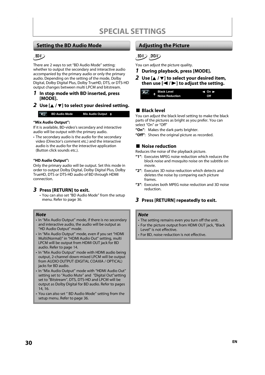 Onkyo DV-BD606 instruction manual Special Settings, Setting the BD Audio Mode 