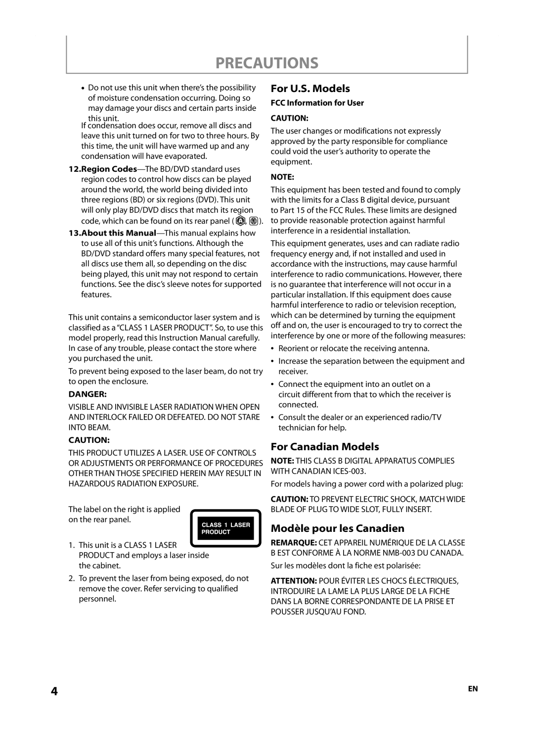 Onkyo DV-BD606 Precautions, For U.S. Models, For Canadian Models, Modèle pour les Canadien, FCC Information for User 