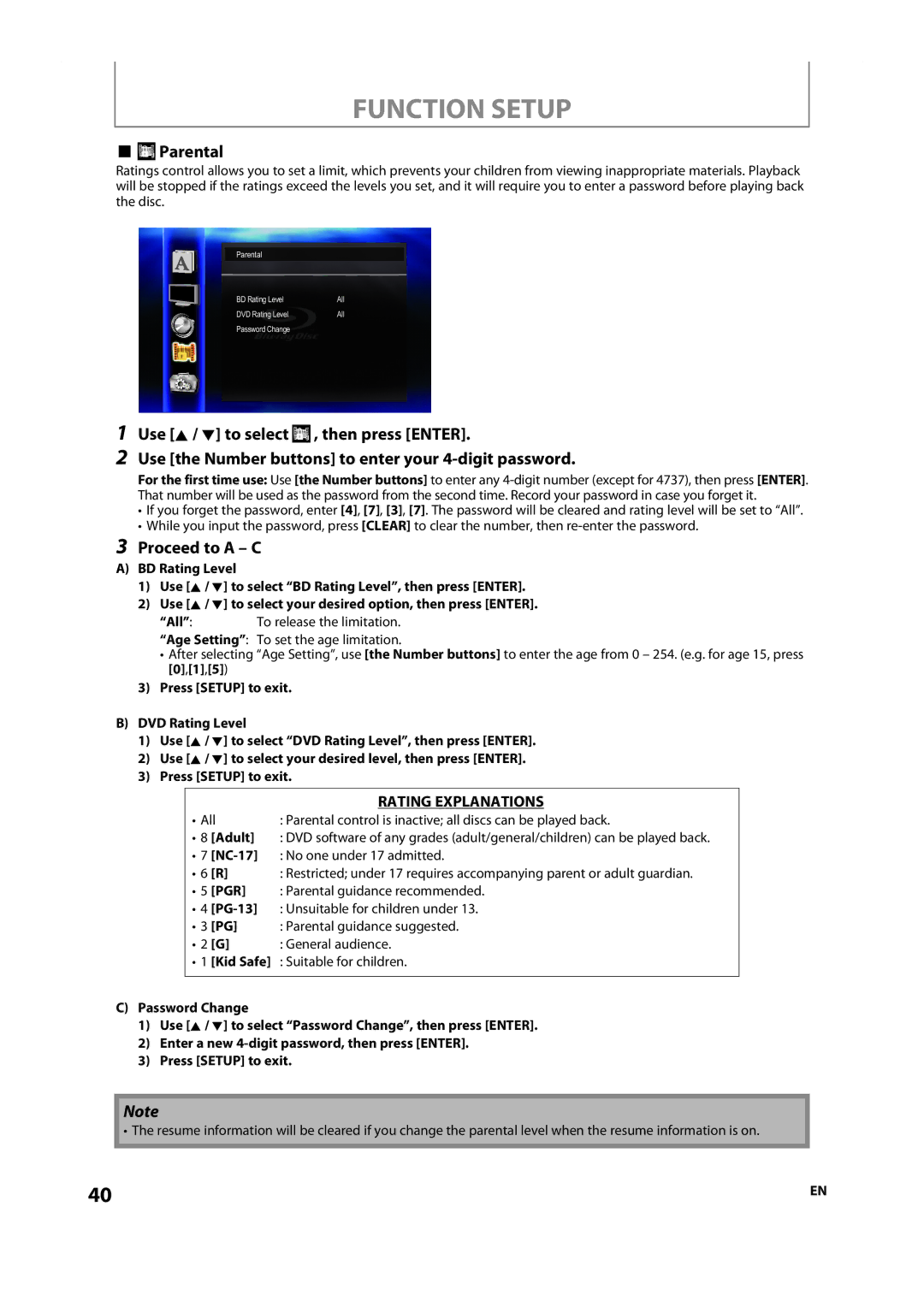 Onkyo DV-BD606 instruction manual Parental, Proceed to a C 