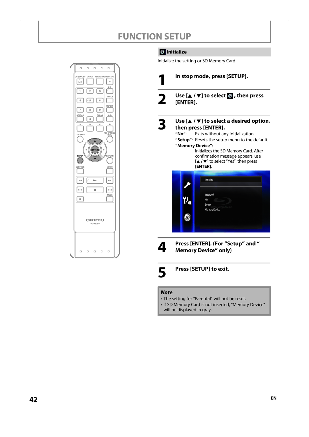 Onkyo DV-BD606 instruction manual Then press Enter, Use K / L to select a desired option, Initialize, Memory Device 