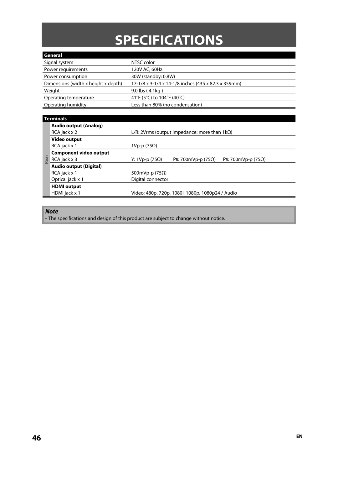 Onkyo DV-BD606 instruction manual Specifications, General, Terminals 