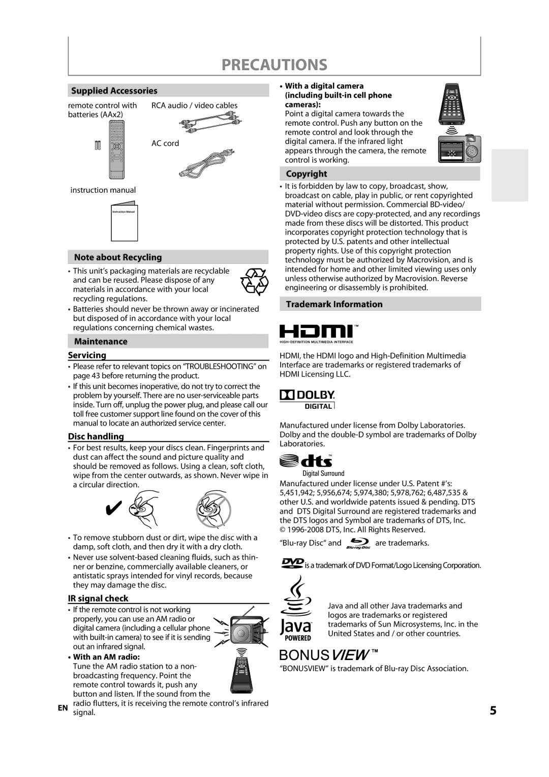 Onkyo DV-BD606 Supplied Accessories, Copyright, Trademark Information Maintenance Servicing, Disc handling 