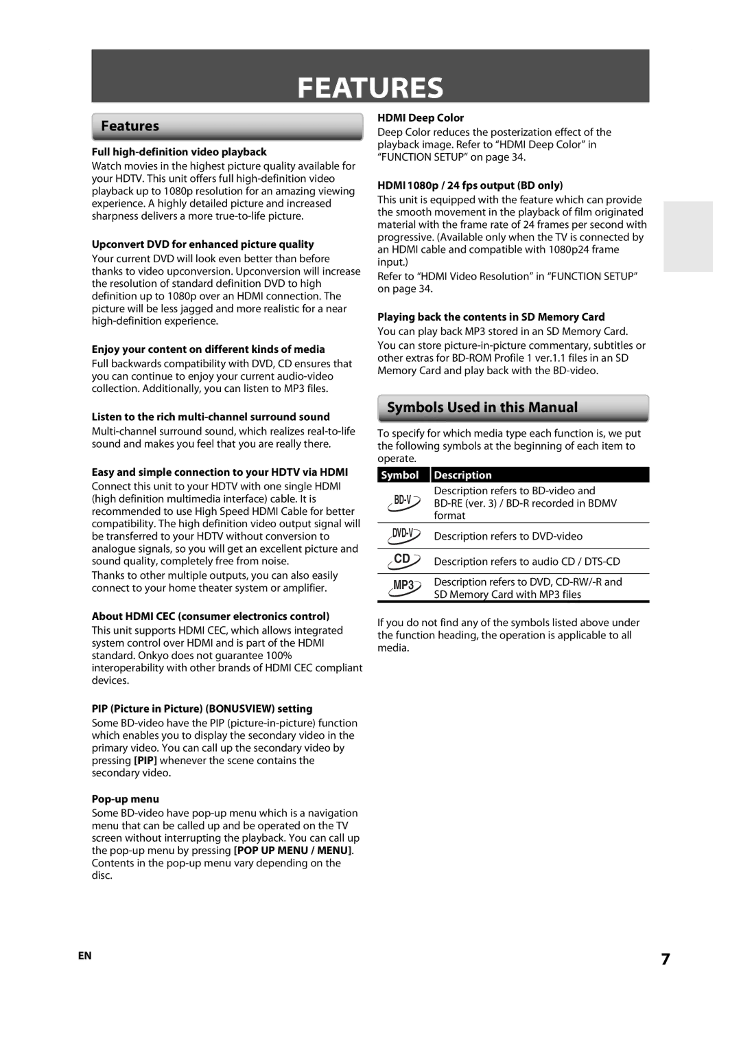 Onkyo DV-BD606 instruction manual Features, Symbols Used in this Manual, Symbol Description 