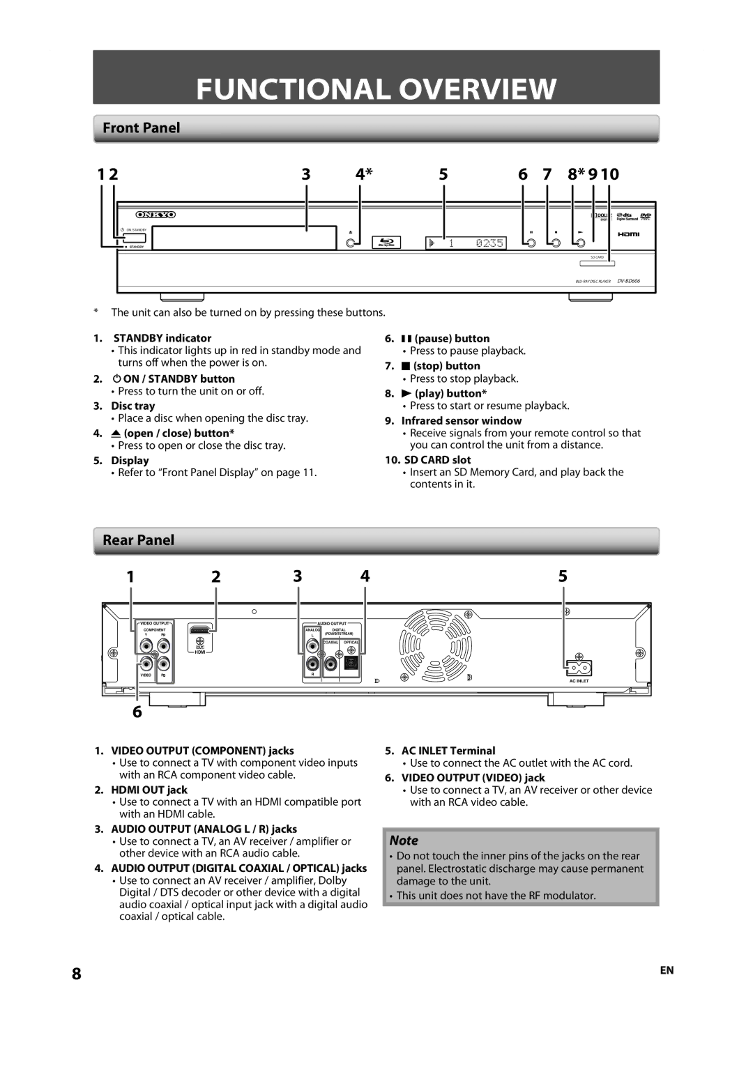 Onkyo DV-BD606 instruction manual Functional Overview, Front Panel, Rear Panel 