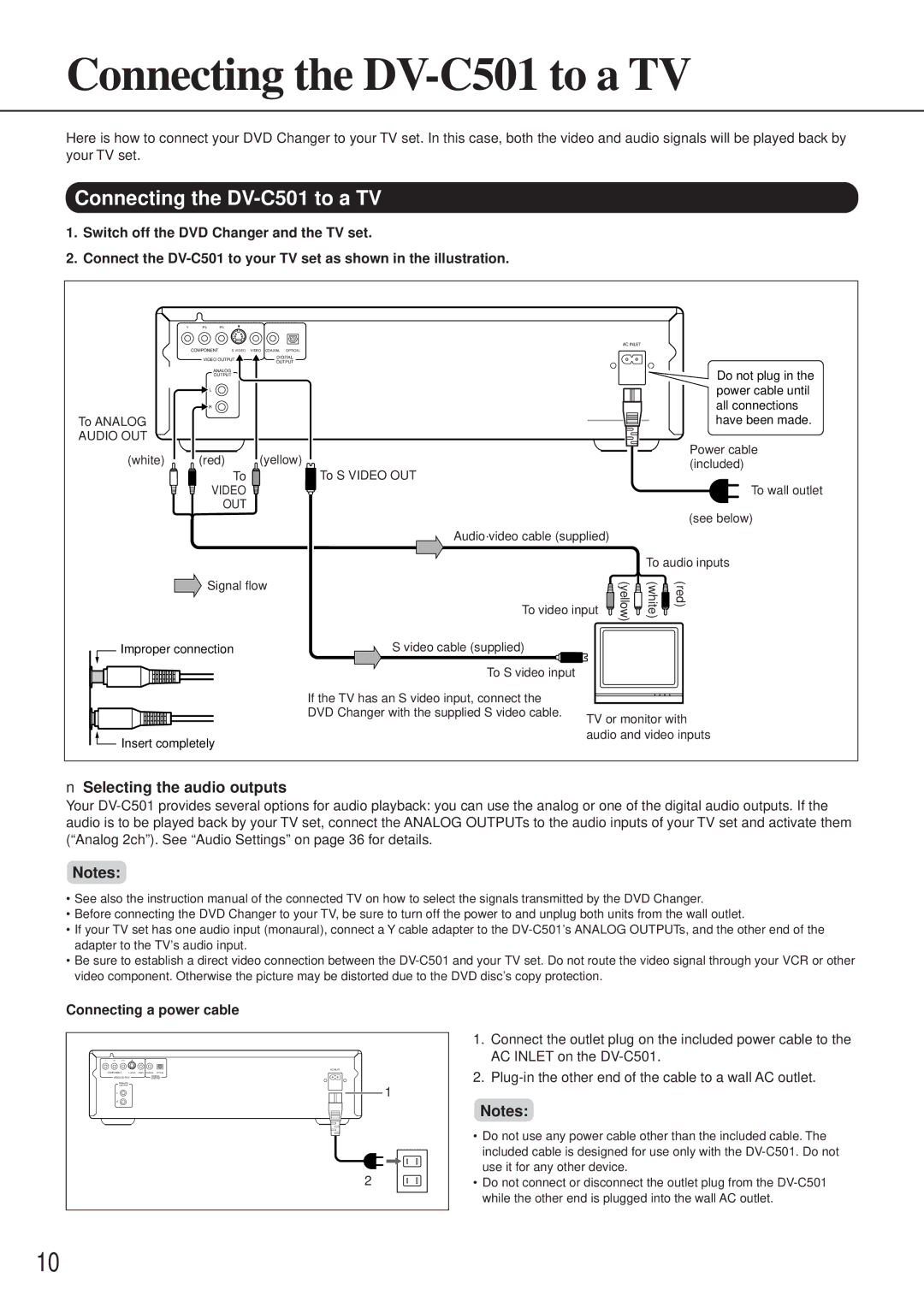 Onkyo instruction manual Connecting the DV-C501 to a TV, Selecting the audio outputs, Connecting a power cable 