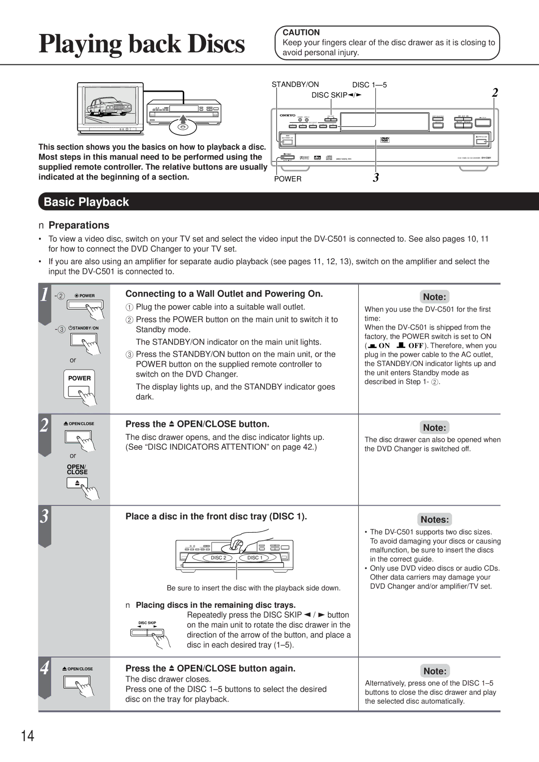 Onkyo DV-C501 instruction manual Basic Playback, Connecting to a Wall Outlet and Powering On, Press the OPEN/CLOSE button 