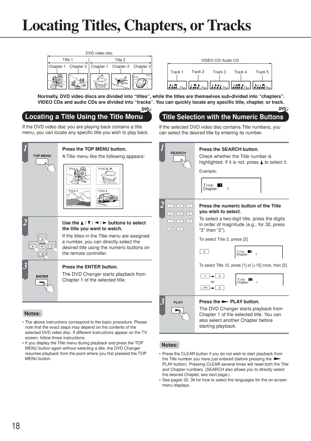 Onkyo DV-C501 instruction manual Locating Titles, Chapters, or Tracks, Locating a Title Using the Title Menu 