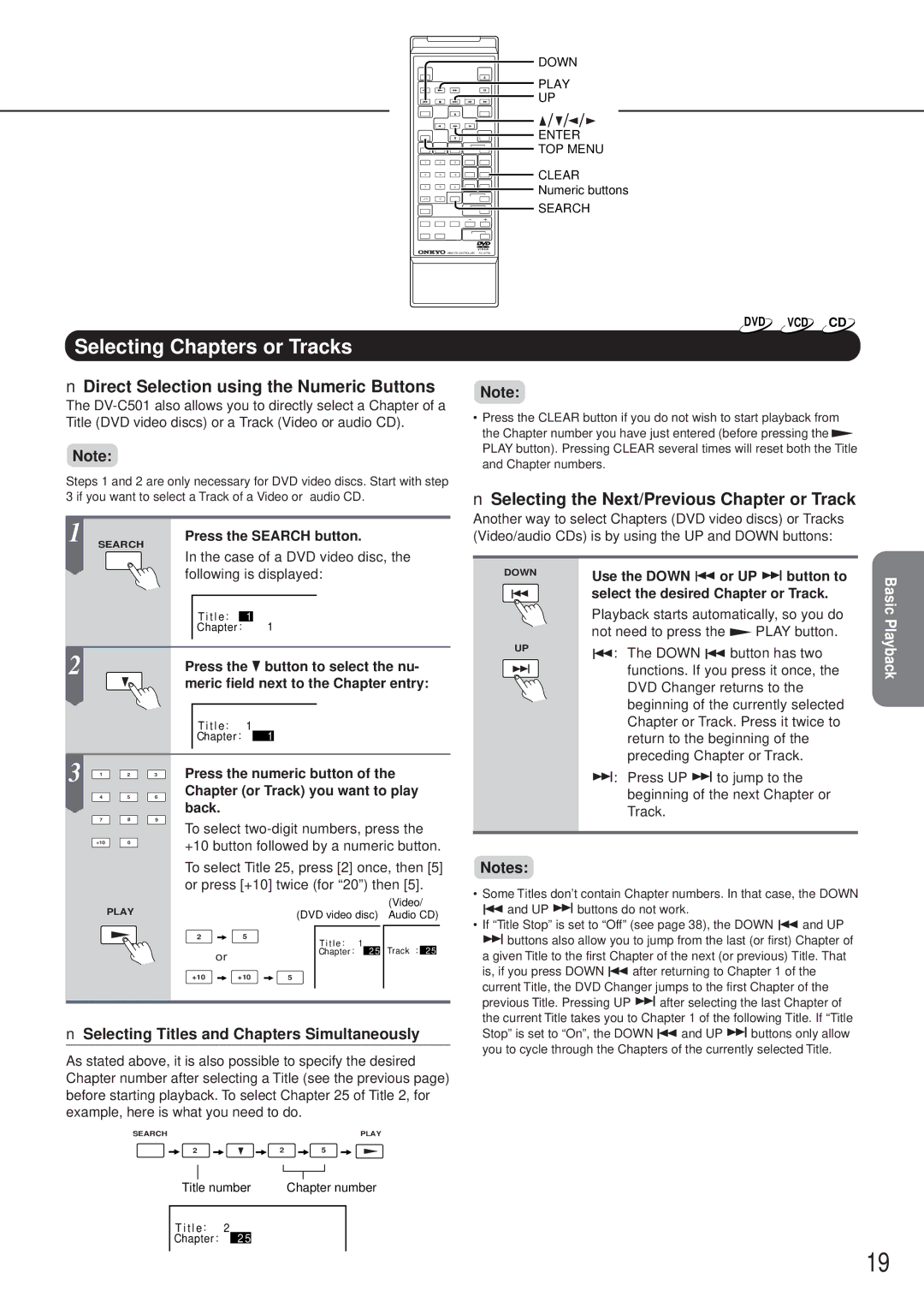 Onkyo DV-C501 instruction manual Selecting Chapters or Tracks, Selecting Titles and Chapters Simultaneously 