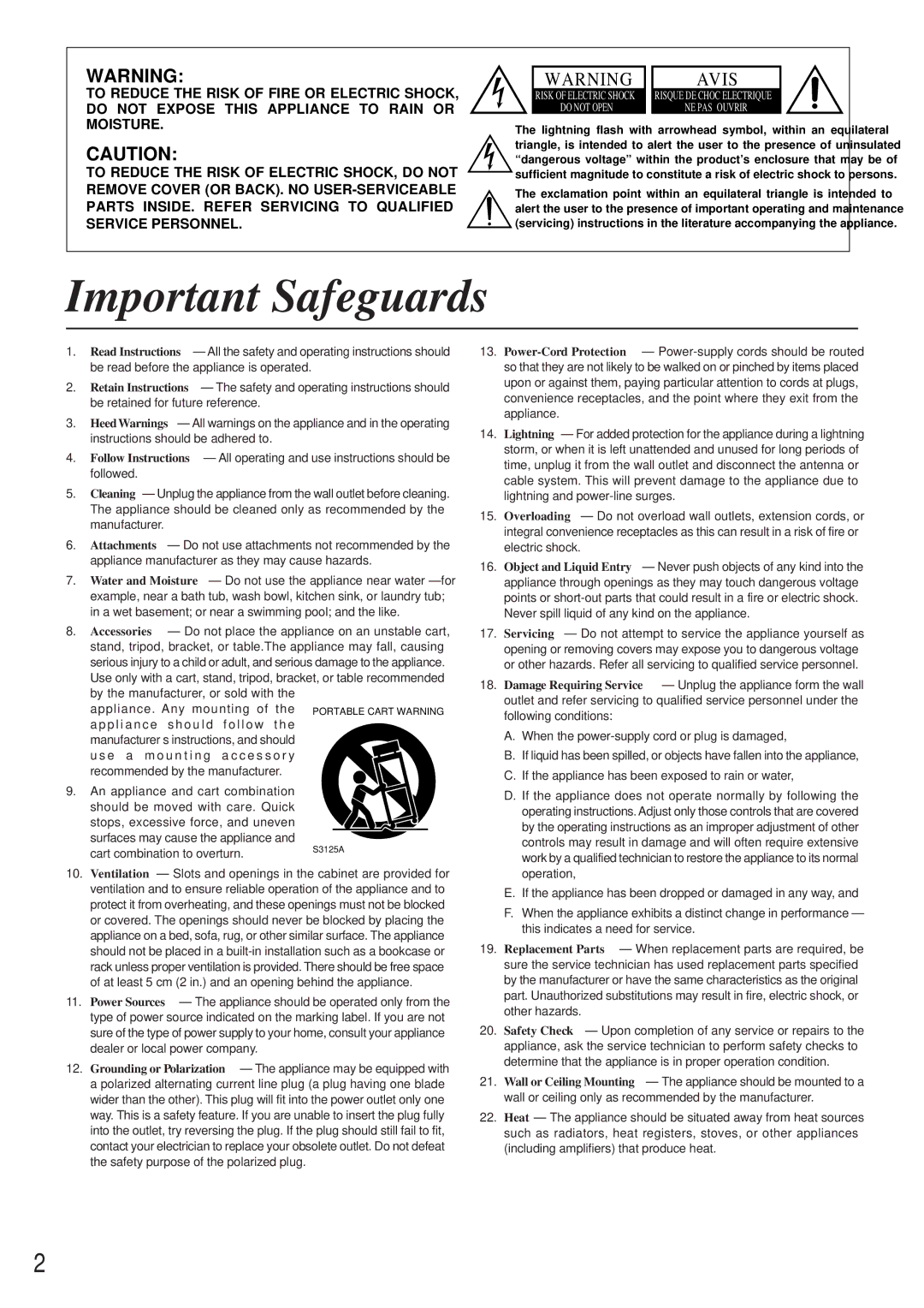 Onkyo DV-C501 instruction manual Important Safeguards, Avis 