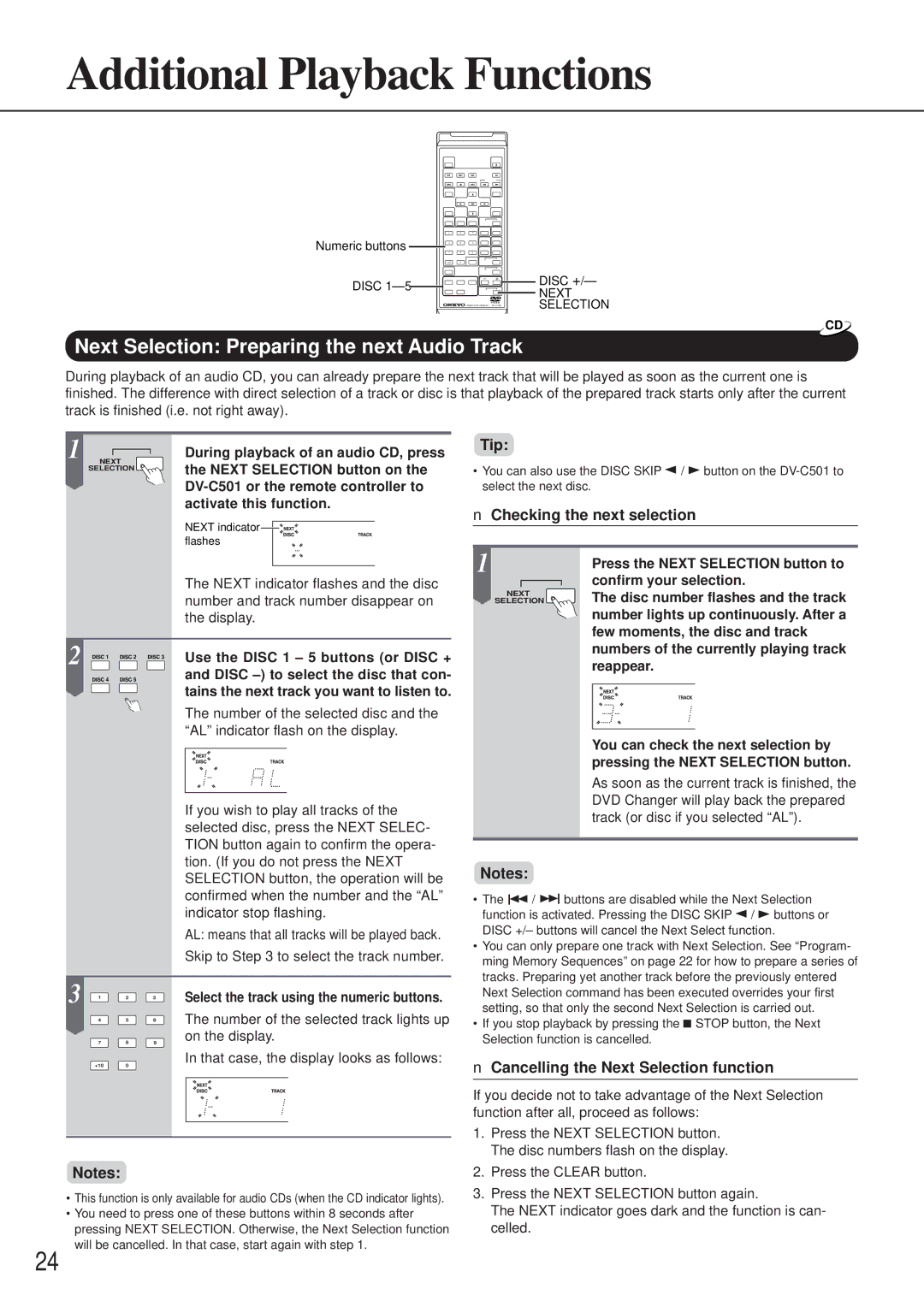 Onkyo DV-C501 instruction manual Additional Playback Functions, Next Selection Preparing the next Audio Track, Tip 