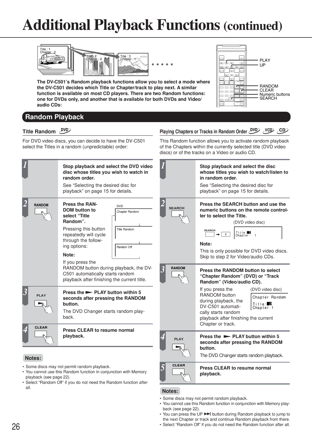 Onkyo DV-C501 instruction manual Random Playback, Title Random DVD, Playing Chapters or Tracks in Random Order DVD VCD CD 