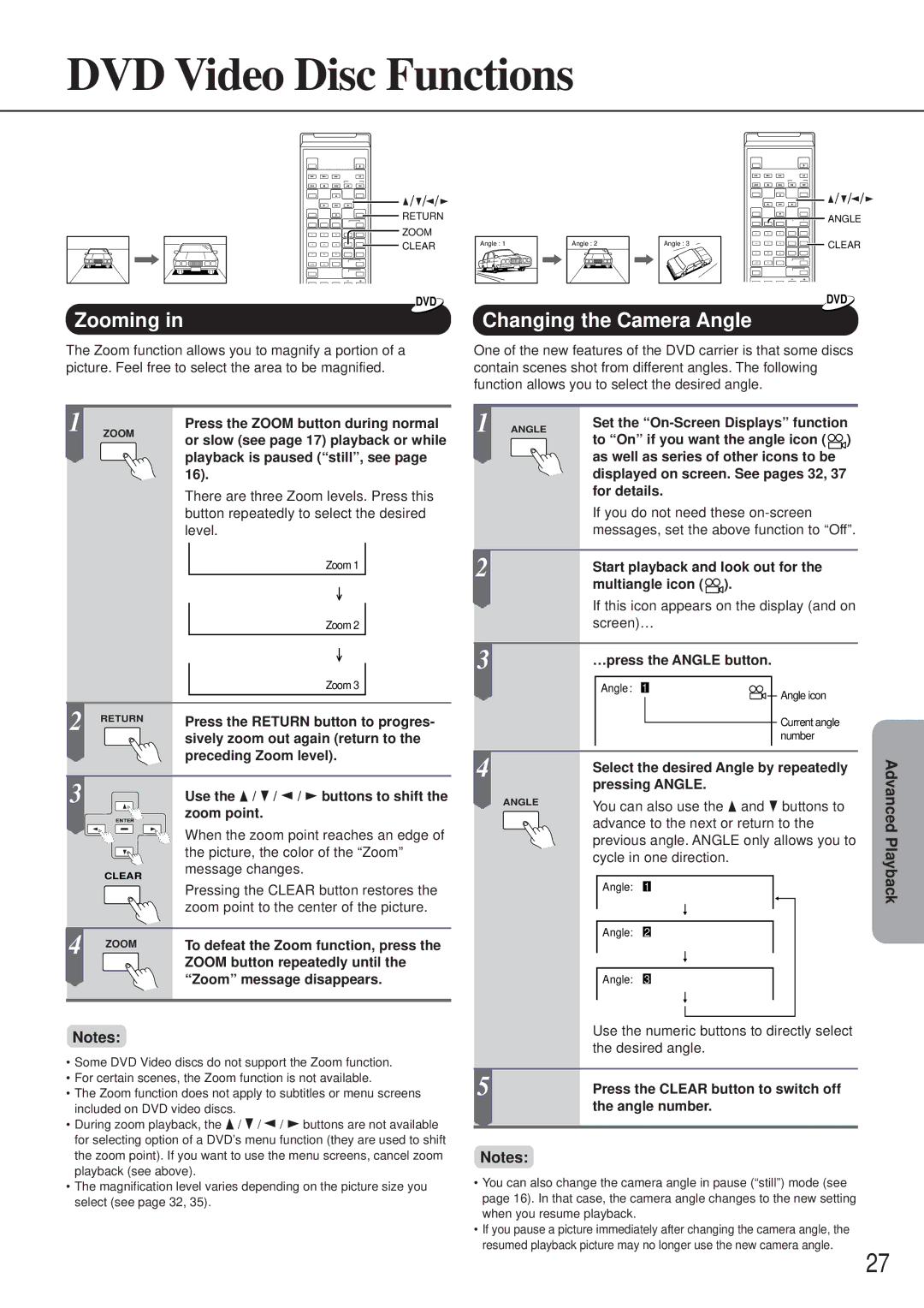 Onkyo DV-C501 instruction manual DVD Video Disc Functions, Zooming, Changing the Camera Angle 