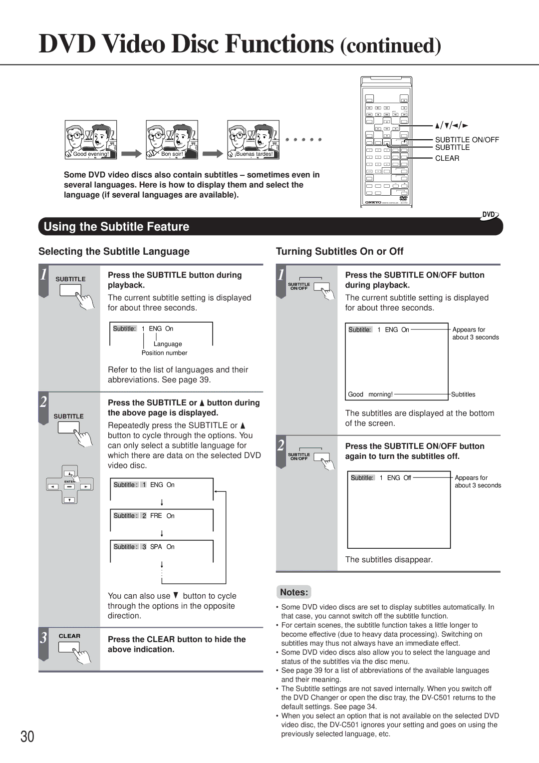 Onkyo DV-C501 instruction manual Using the Subtitle Feature, Selecting the Subtitle Language 