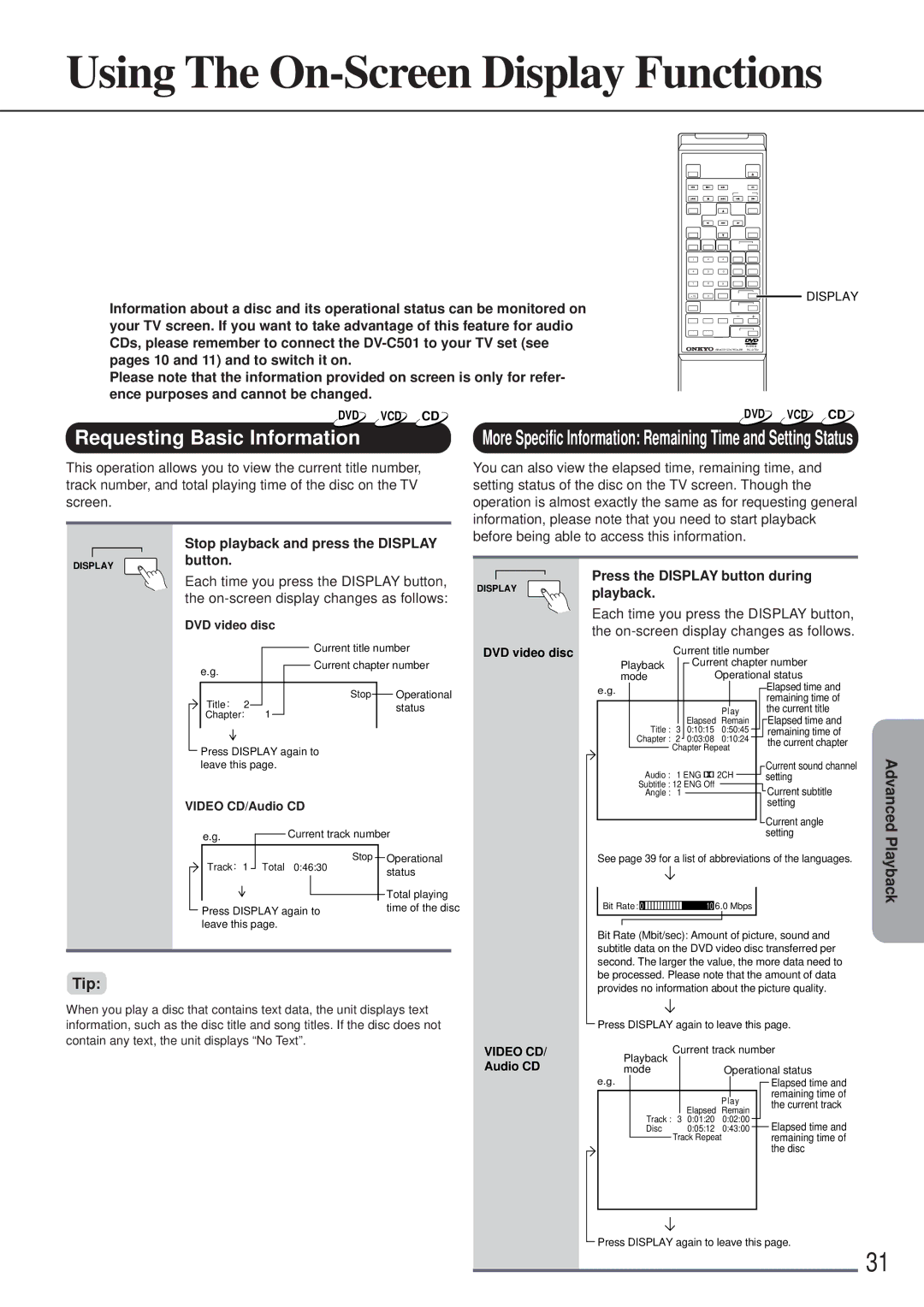 Onkyo DV-C501 Using The On-Screen Display Functions, Requesting Basic Information, Stop playback and press the Display 