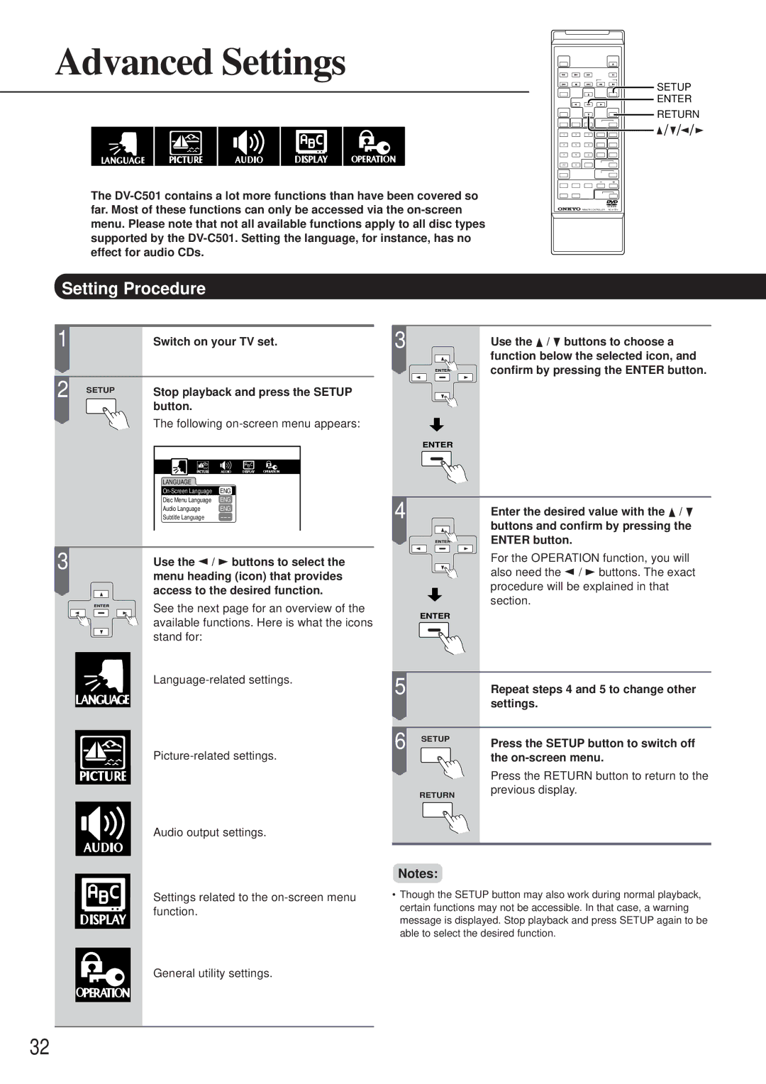 Onkyo DV-C501 instruction manual Advanced Settings, Setting Procedure 