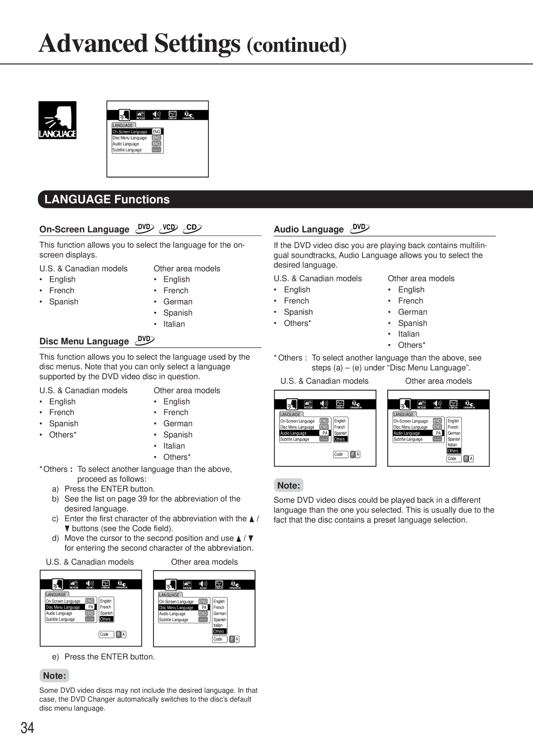 Onkyo DV-C501 Language Functions, On-Screen Language DVD VCD CD, Disc Menu Language DVD, Audio Language DVD 