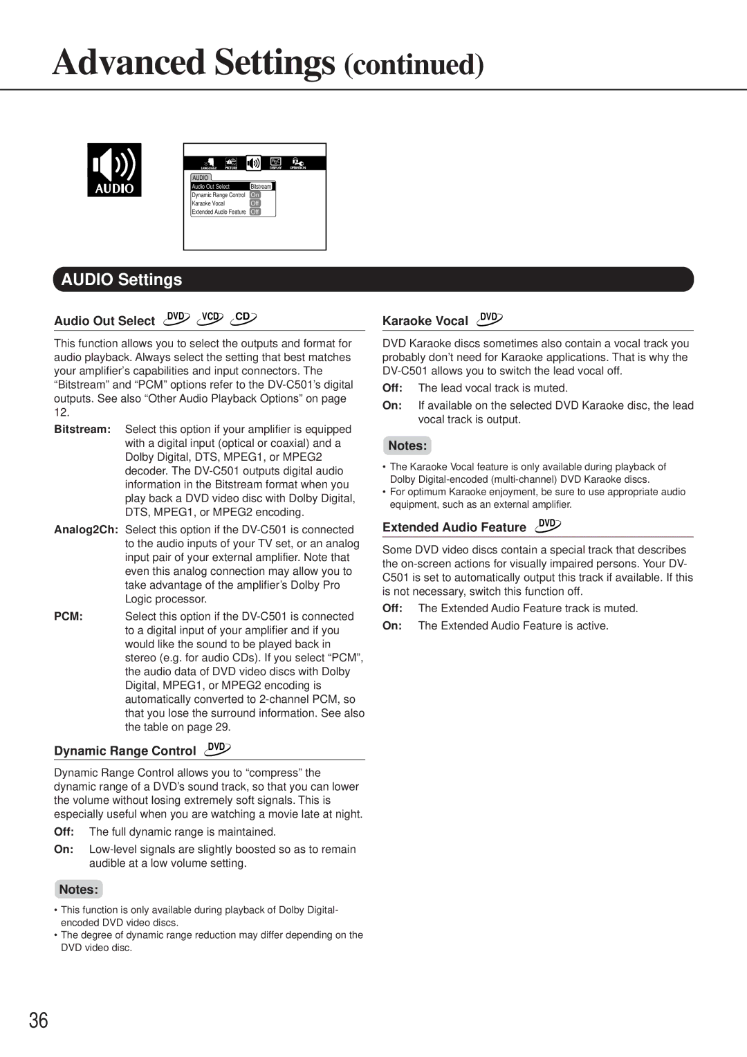 Onkyo DV-C501 Audio Settings, Audio Out Select, Dynamic Range Control DVD Karaoke Vocal DVD, Extended Audio Feature DVD 