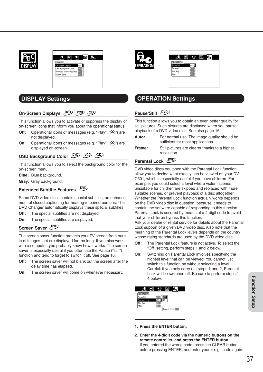 Onkyo DV-C501 instruction manual Display Settings, Operation Settings 