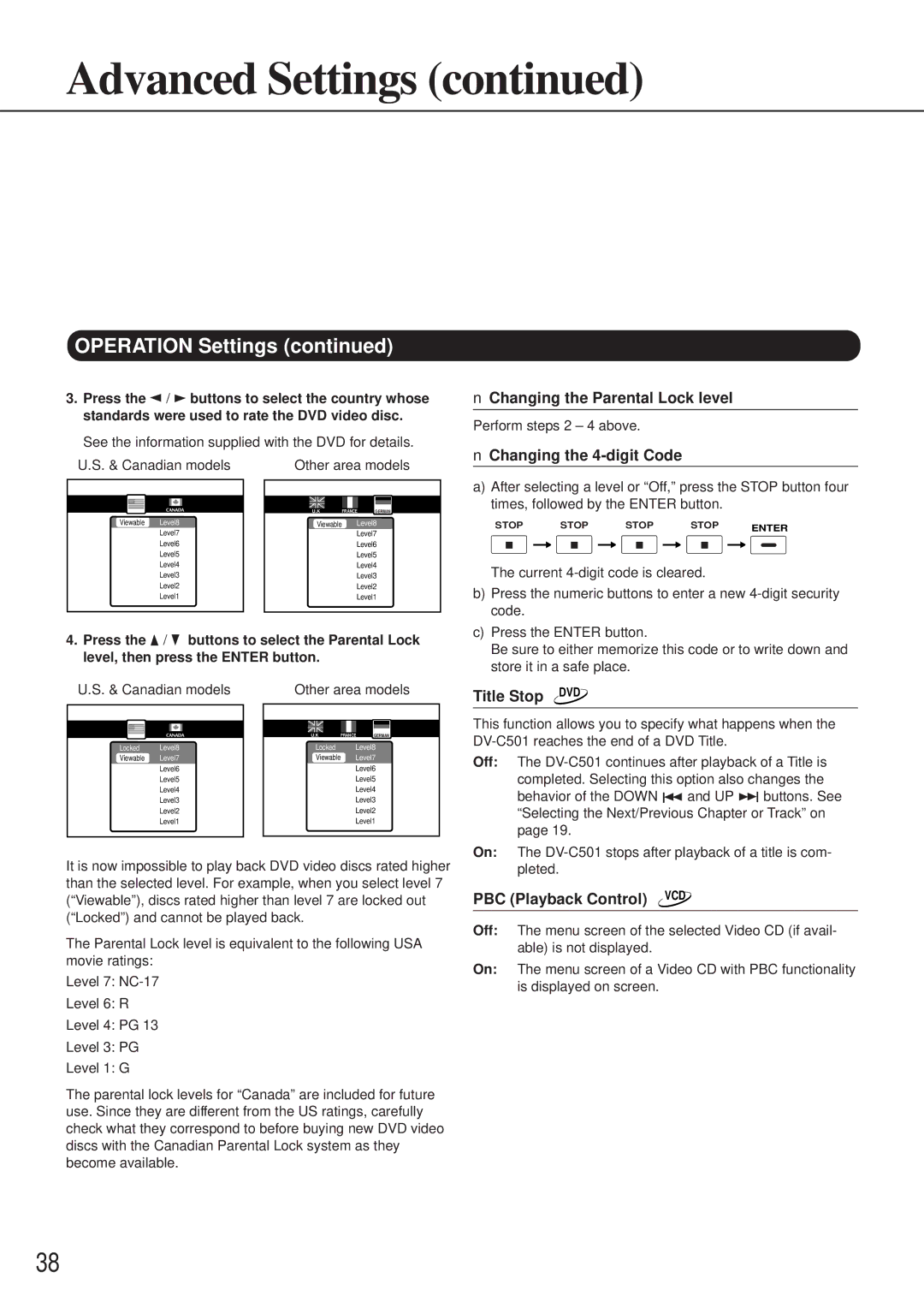Onkyo DV-C501 Changing the 4-digit Code, Title Stop DVD, PBC Playback Control VCD, Canadian models Other area models 
