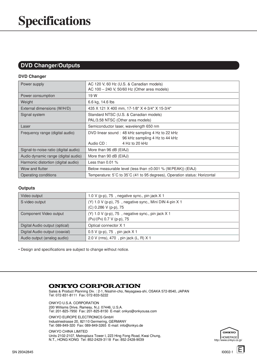 Onkyo DV-C501 instruction manual Specifications, DVD Changer/Outputs, Onkyo Europe Electronics GmbH 