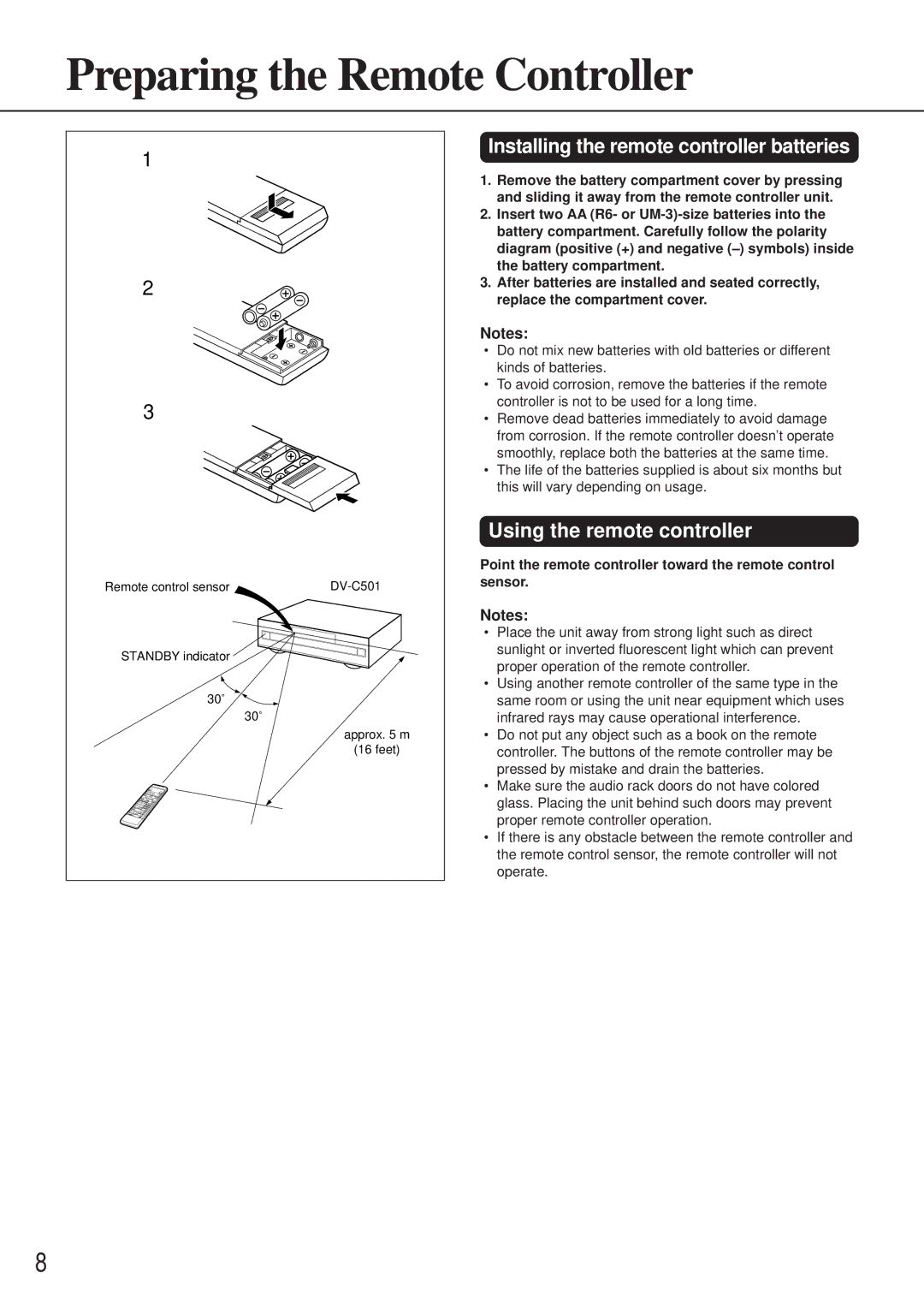 Onkyo DV-C501 Preparing the Remote Controller, Installing the remote controller batteries, Using the remote controller 