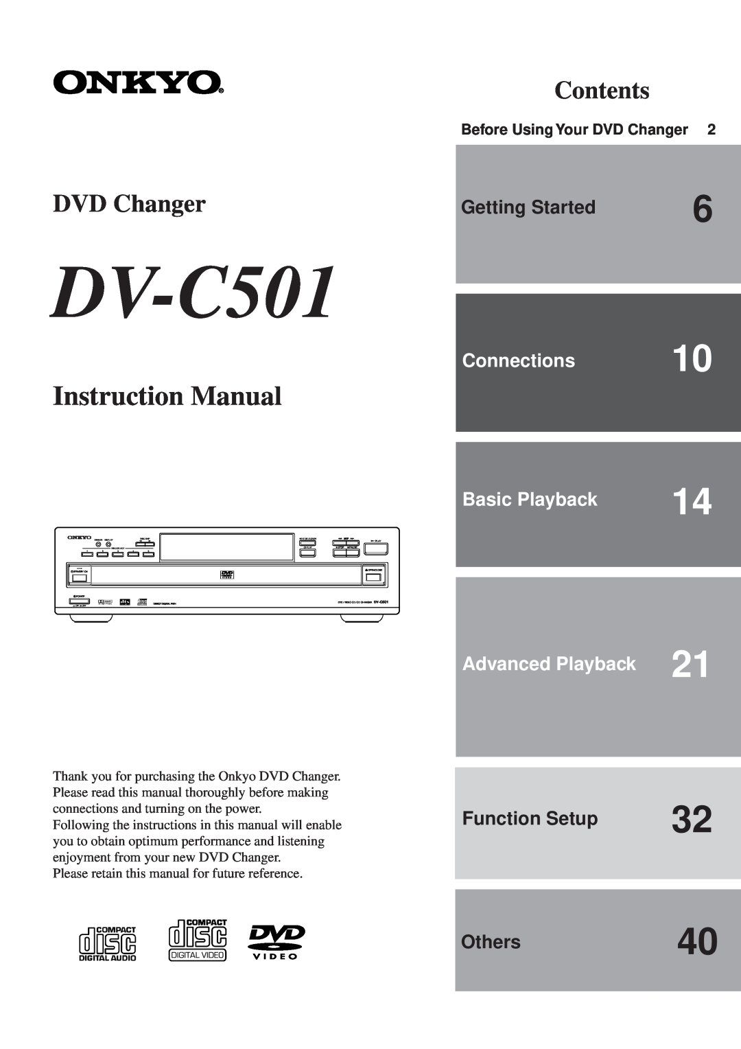 Onkyo DV-C501 instruction manual Getting Started, Function Setup, Others40, DVD Changer, Contents, Connections10 