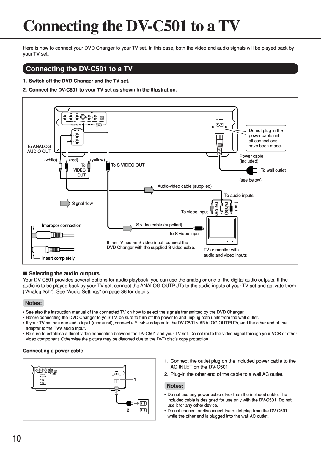Onkyo instruction manual Connecting the DV-C501to a TV, Selecting the audio outputs 