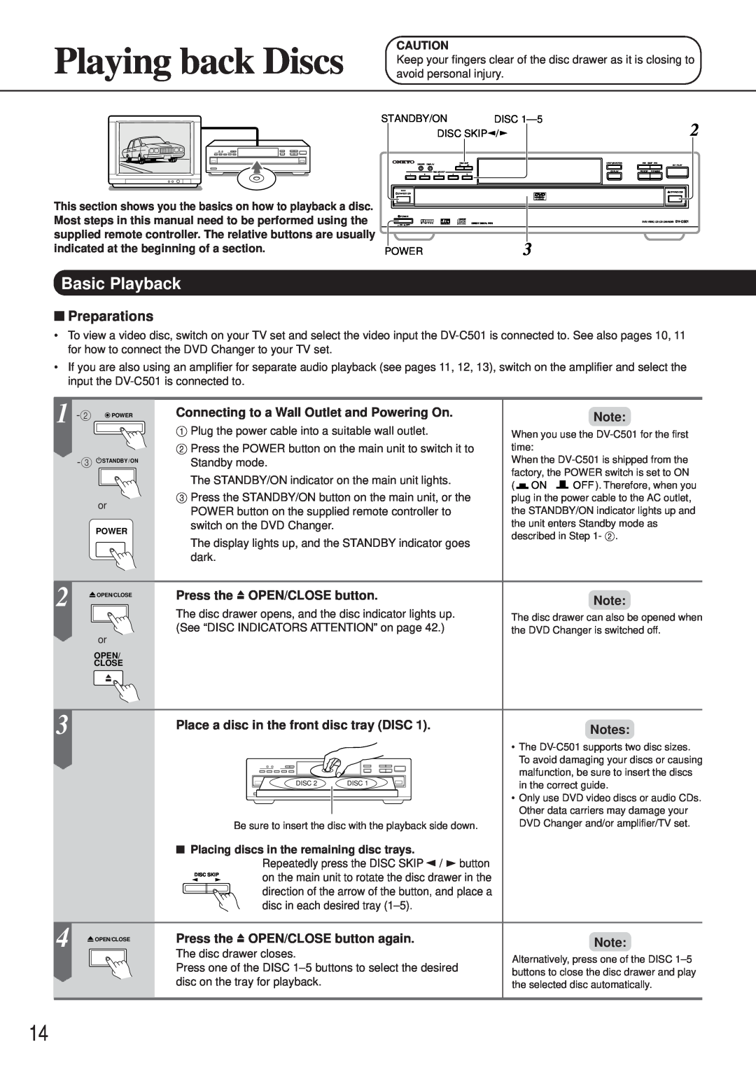 Onkyo DV-C501 instruction manual Preparations, Connecting to a Wall Outlet and Powering On, Press the OPEN/CLOSE button 