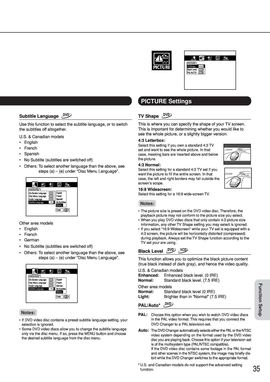Onkyo DV-C501 instruction manual Subtitle Language DVD, TV Shape, Black Level, PAL/Auto, Setup 