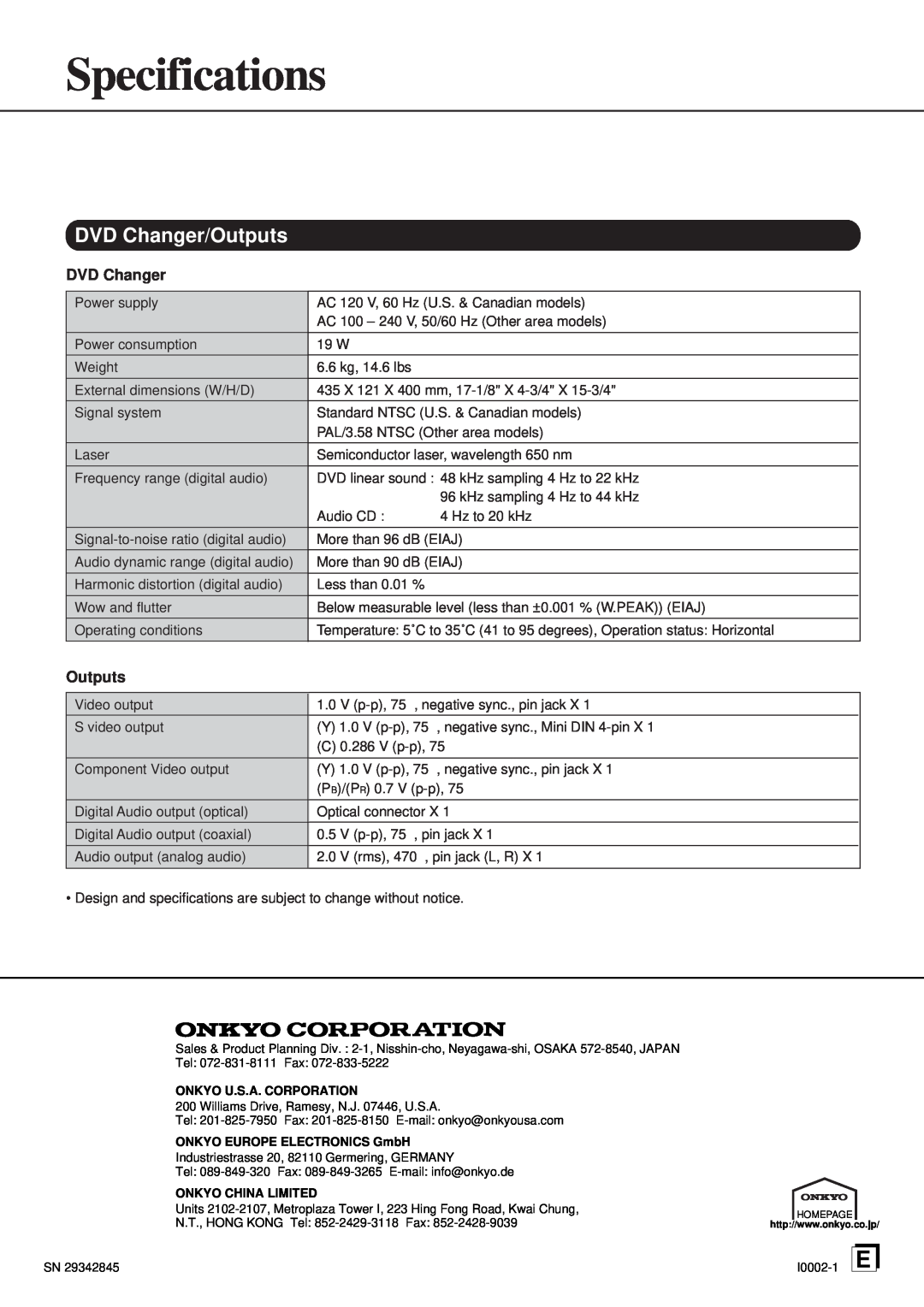Onkyo DV-C501 instruction manual Specifications, DVD Changer, Outputs 