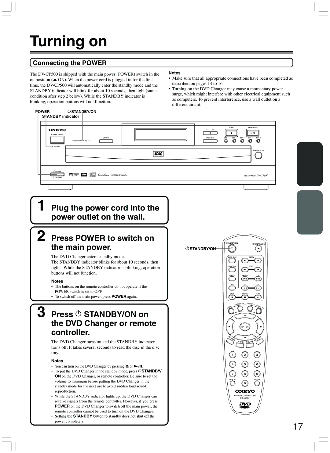 Onkyo DV-CP500 instruction manual Turning on, Connecting the Power, Standby indicator 