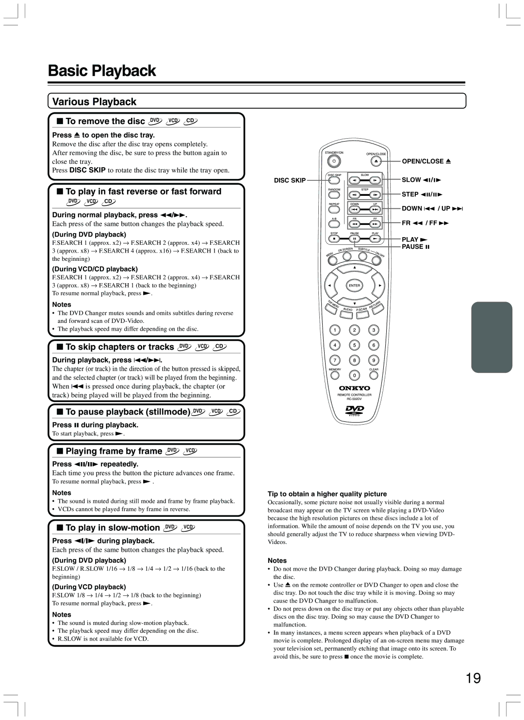 Onkyo DV-CP500 instruction manual Basic Playback, Various Playback 