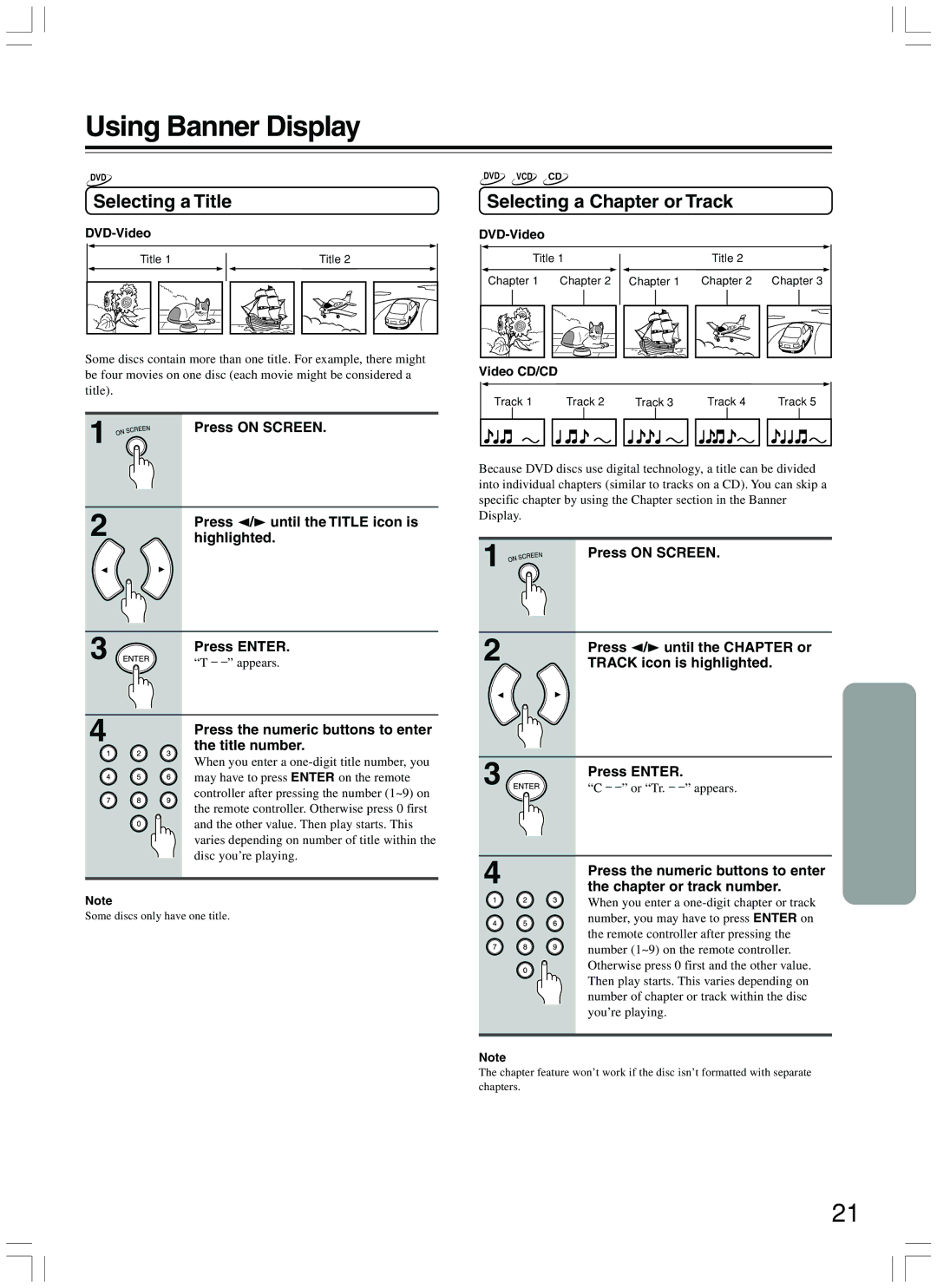 Onkyo DV-CP500 instruction manual Using Banner Display, Selecting a Title, Selecting a Chapter or Track 